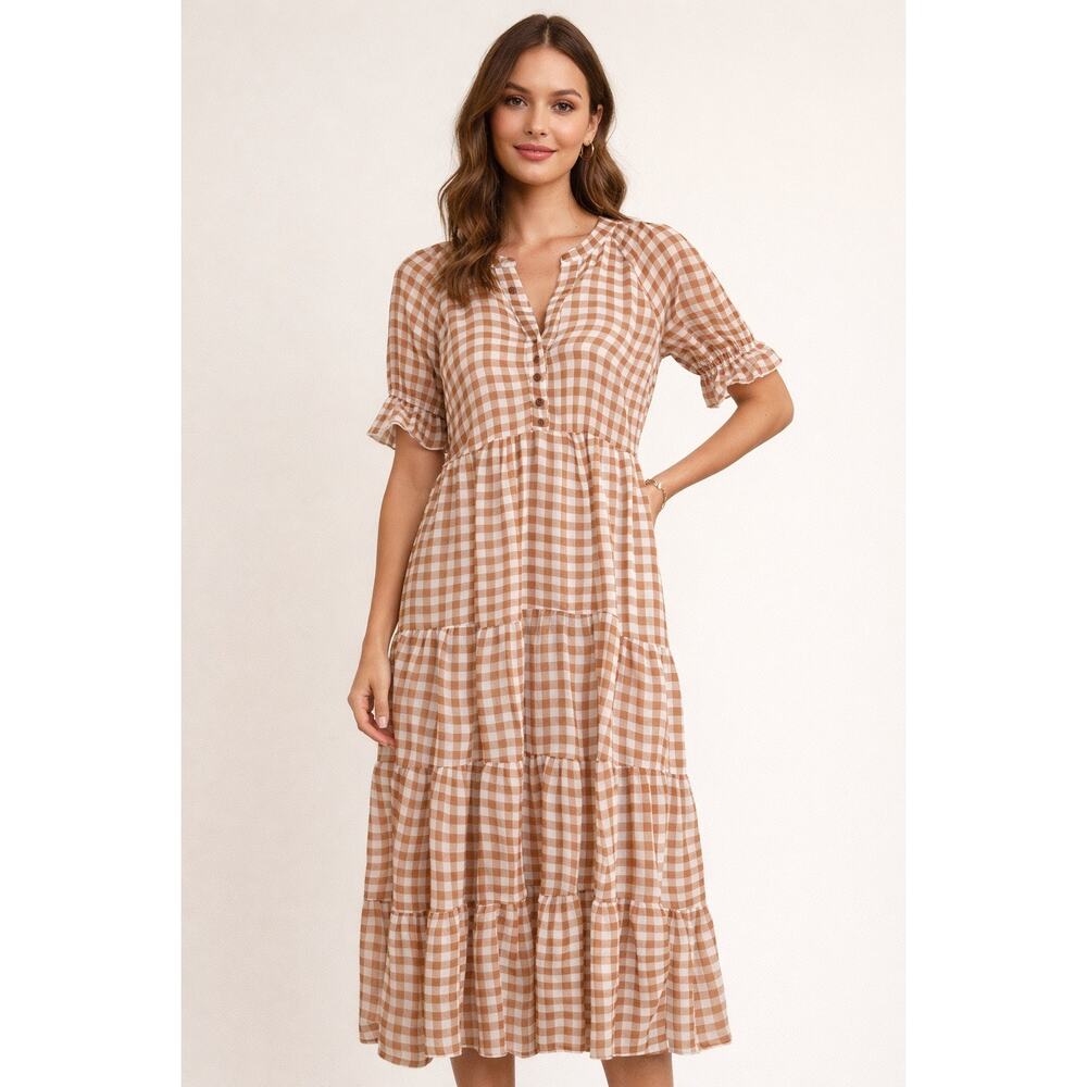 Moon River Sheer Gingham Tiered Midi Dress – Size Small
